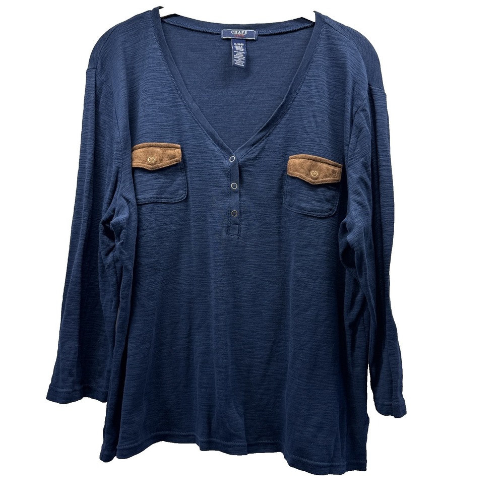 Chaps Women's Top Size XL Navy Blue Brown 100% Cotton Slubbed V Neck 3/4 Sleeves